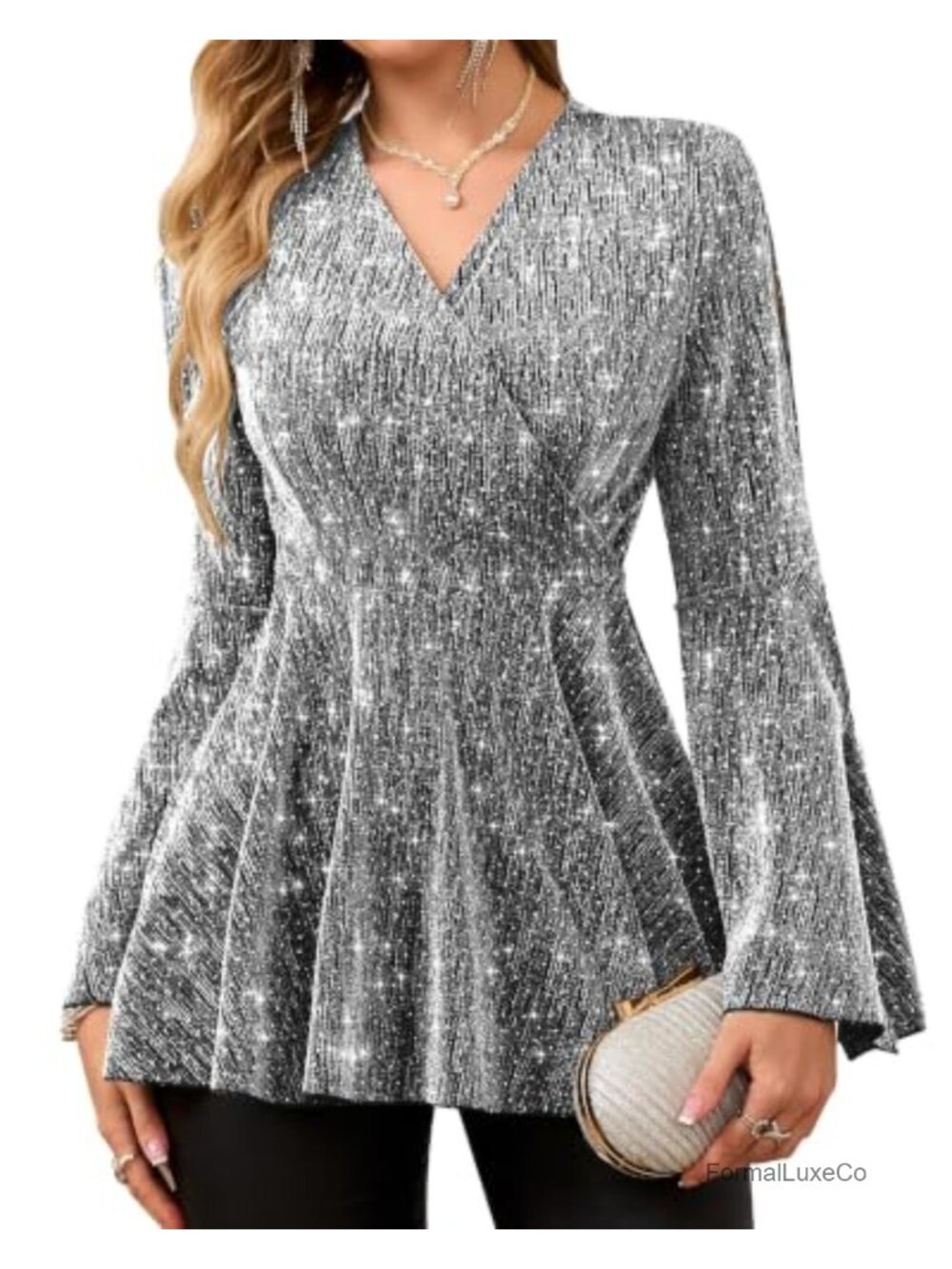 Sparkly V Neck Blouse with Long Bell Sleeves Hidden Zipper Dressy Party Top